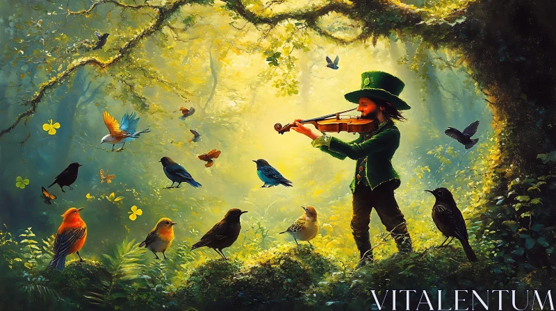 Enchanting Forest Melody: Violinist and Birds AI Image