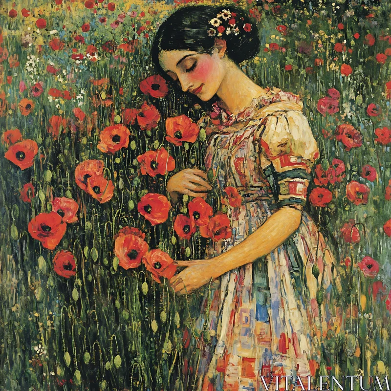 AI ART Girl with Red Poppies