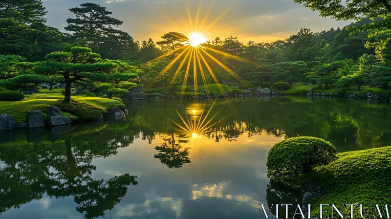 Sunset Reflections in a Stunning Garden Pond AI Image