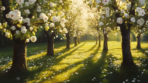 Sunlit Blossoming Trees in a Lush Orchard