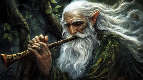 Old Elf Playing Flute in Forest