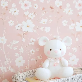 Cute White Teddy Bear and Pink Floral Wallpaper