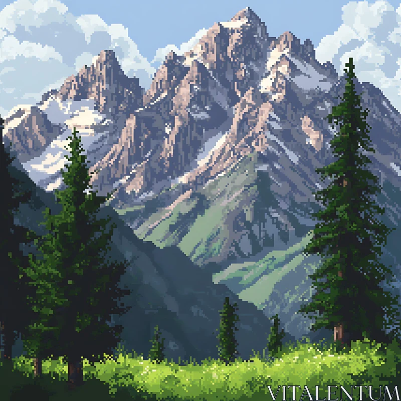 Snowy Peaks and Evergreen Trees AI Image