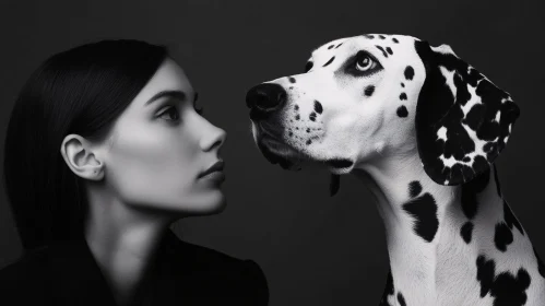 Monochrome Profile of Human and Dog with Intimate Connection