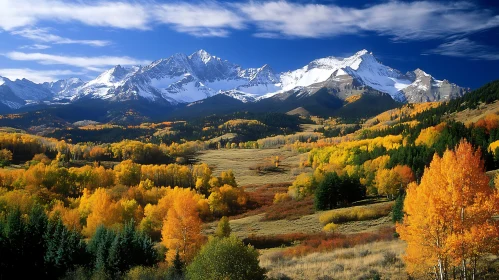 Snowy Peaks and Golden Trees Landscape