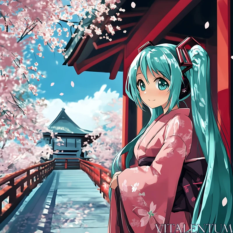 Cherry Blossom Anime Scene with Girl in Kimono AI Image