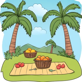 Cartoon Picnic Scene with Baskets of Fruit