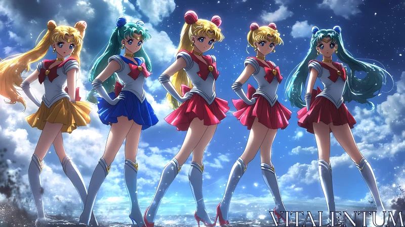 Magical Girls in Sailor Outfits in Celestial Backdrop AI Image