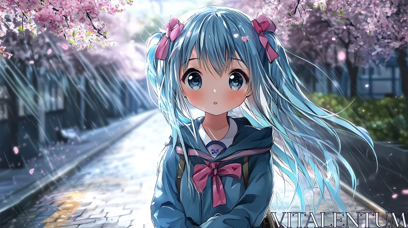 AI ART Anime Girl with Blue Hair Among Cherry Blossoms