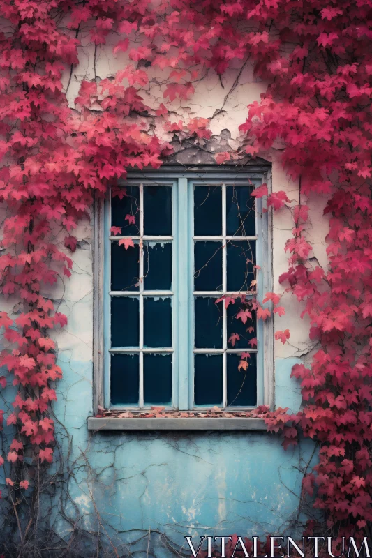 AI ART Aged Window with Climbing Red Vines