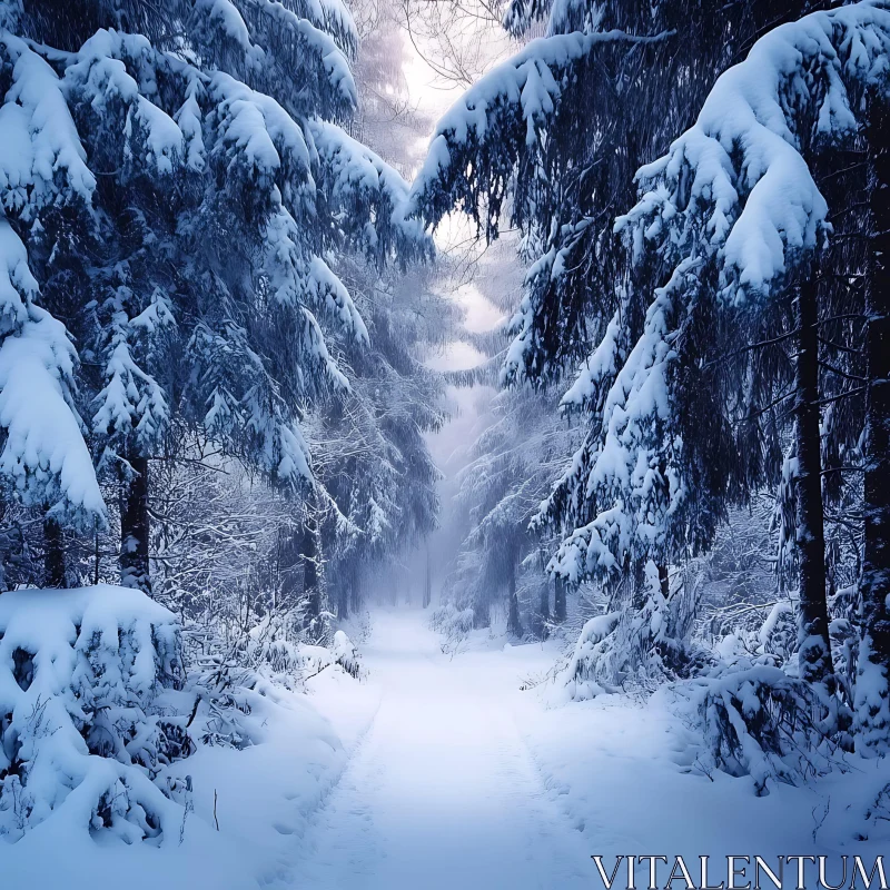 Peaceful Snow-Covered Forest Path AI Image