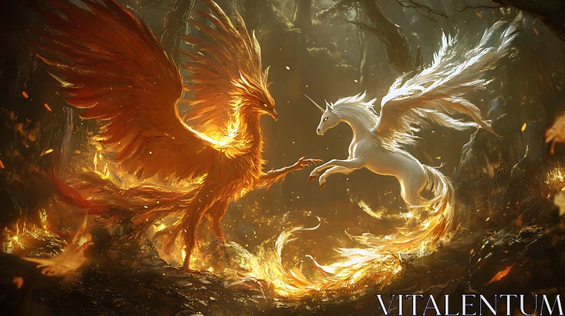 AI ART Firebird and Unicorn: A Fantasy Scene
