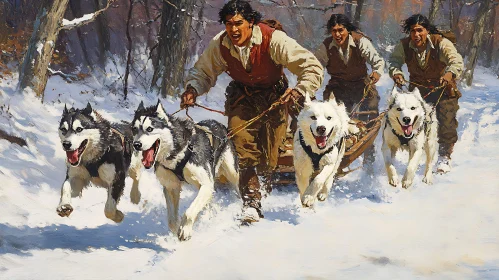 Huskies Pulling Sled in Winter Landscape