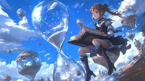 Ethereal Fantasy of Floating Islands and Girl with Book