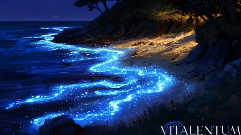 AI ART Nocturnal Bioluminescence on Coastal Beach