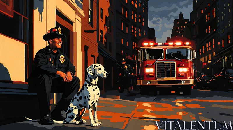 Firefighter with Dalmatian in Night City AI Image