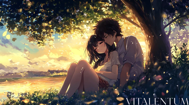 Anime Lovers Under the Tree at Sunset AI Image