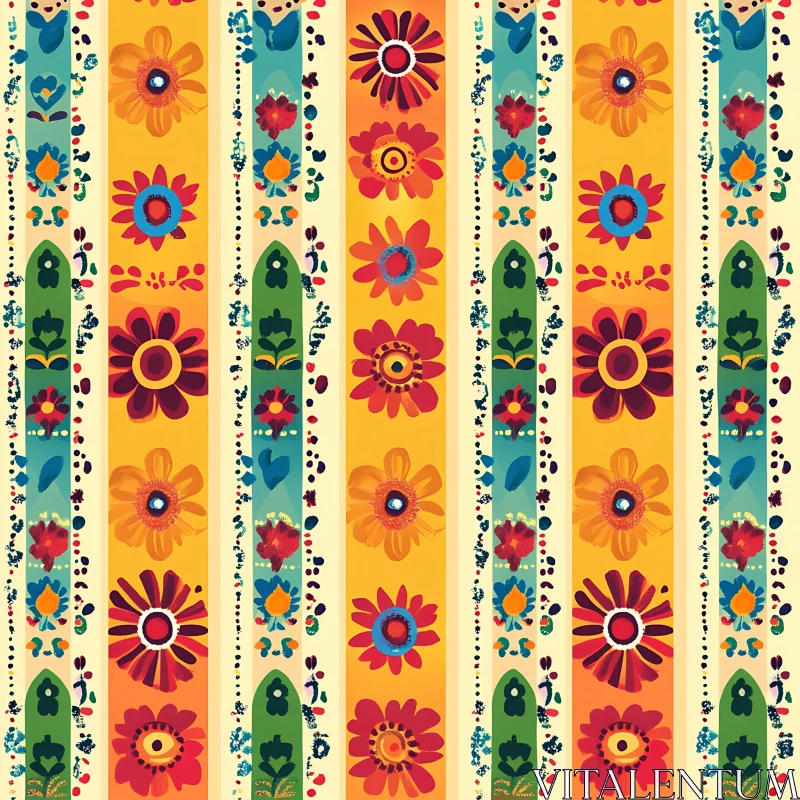 AI ART Bright Folk Flowers Vertical Stripes Pattern