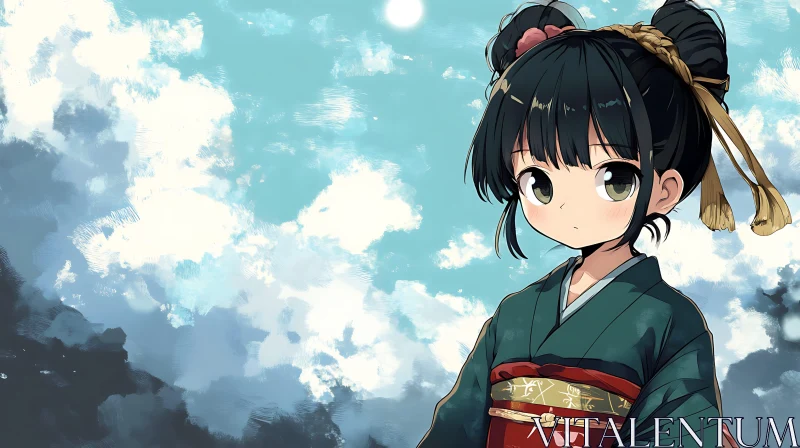 Anime Girl in Kimono Under Cloudy Sky AI Image