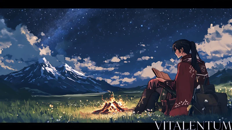 Serene Night in Mountains – Anime Campfire and Reading AI Image