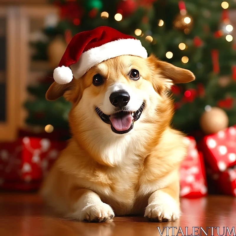 Festive Corgi with Santa Hat in Holiday Spirit AI Image