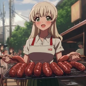 Cheerful Anime Vendor Offering Delicious Street Food