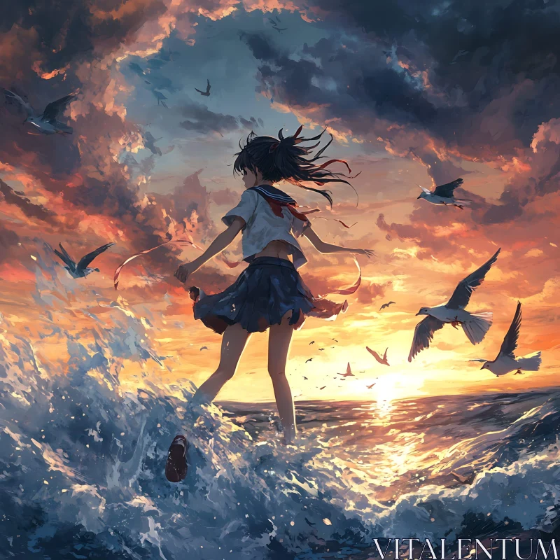 Sunset Ocean Adventure with Birds and Girl AI Image