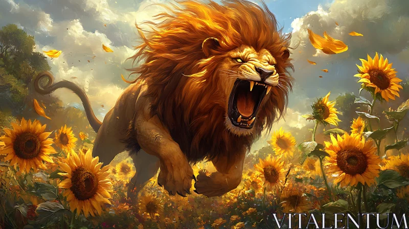 AI ART Fierce Lion Among Sunflowers