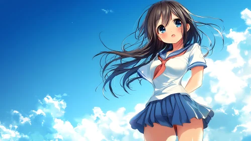 Anime School Girl in Blue Sky