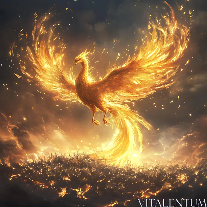 AI ART Fiery Phoenix Soaring Above Landscape