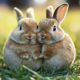 Two Adorable Rabbits Cuddling in Green Grass