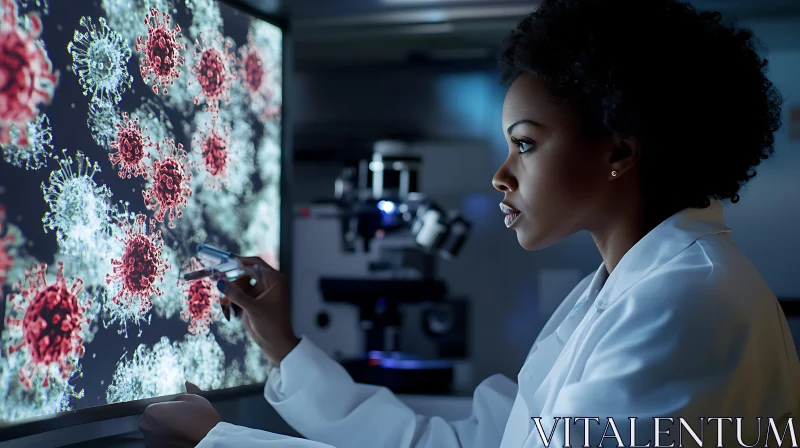 Scientist Analyzing Virus Cells on Screen AI Image