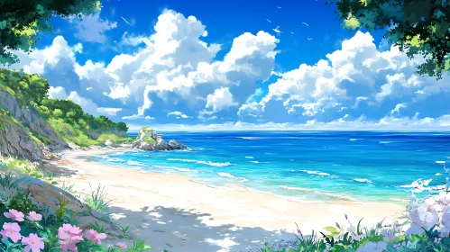 Tranquil Beach Landscape with White Clouds