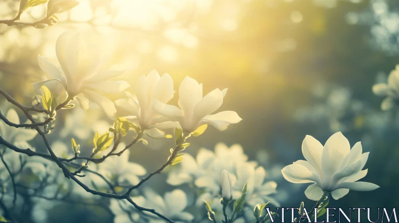 Blooming Magnolia Flowers in Gentle Sunlight AI Image