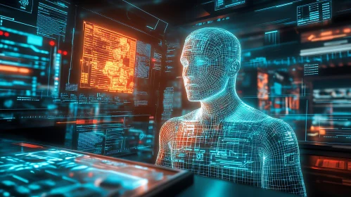 Futuristic Wireframe Human with Data Screens