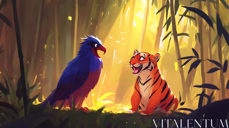 Cartoon Tiger and Bird Friends AI Image