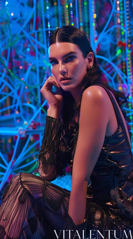 Kendall Jenner in Stunning Black Attire and Neon Lights AI Image