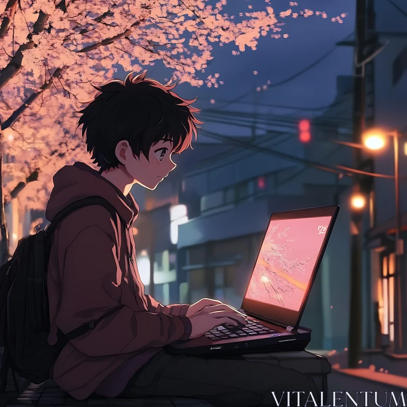 Nighttime Anime Scene with Laptop and Cherry Blossoms AI Image