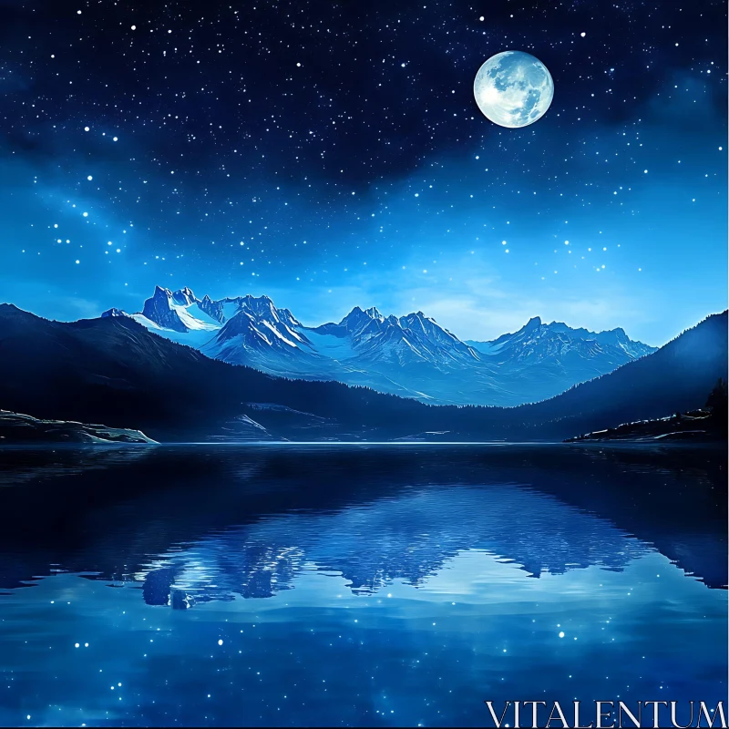 AI ART Serene Night Landscape with Mountains and Moon