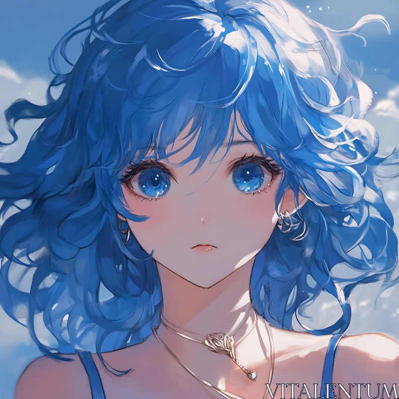 Elegant Anime Girl with Blue Hair and Blue Eyes AI Image