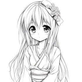 Graceful Anime Girl in Floral Kimono - Line Drawing