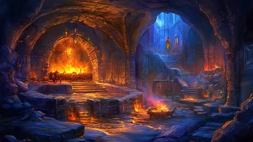 Stone Cavern with Fire and Staircase