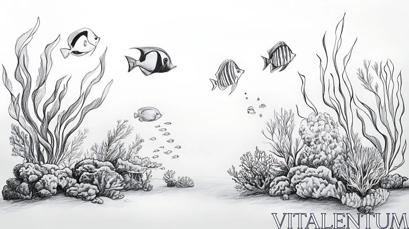 AI ART Black and White Fish and Coral