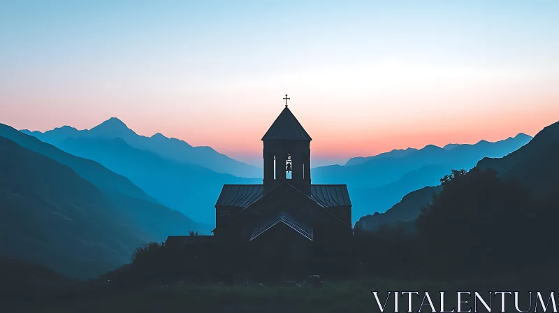 Mountain Church Silhouette at Dusk AI Image