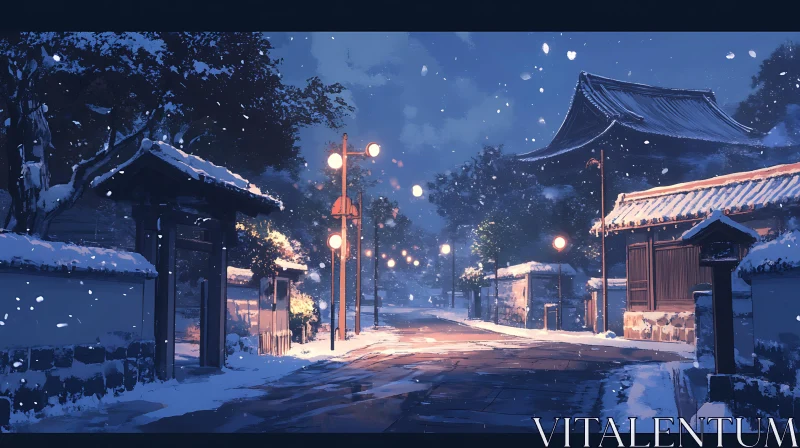 Snowfall on a Traditional Japanese Street at Night AI Image