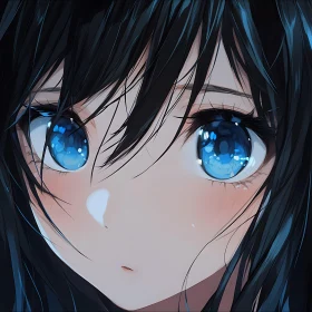 Emotional Anime Character with Blue Eyes and Black Hair