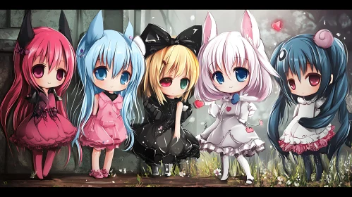 Charming Chibi Group in Enchanted Garden