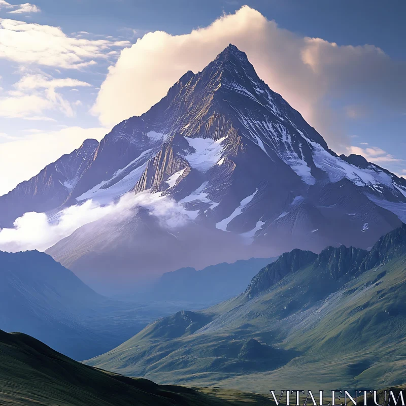 AI ART Snowy Mountain Peak with Green Valley