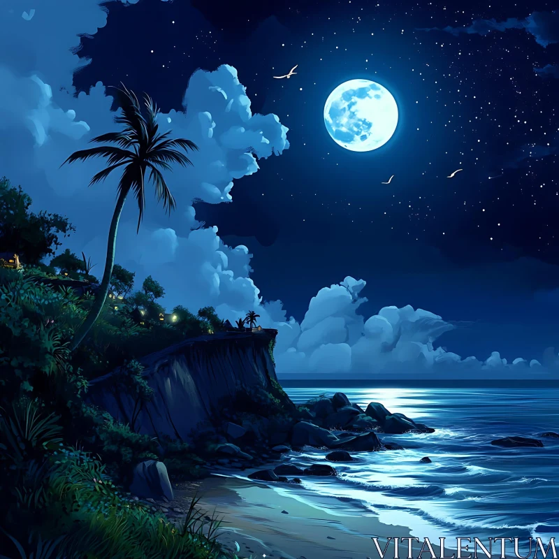 AI ART Moonlit Night at the Tropical Beach