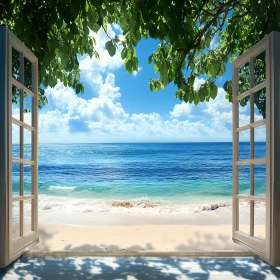 Seascape Through Window with Green Leaves